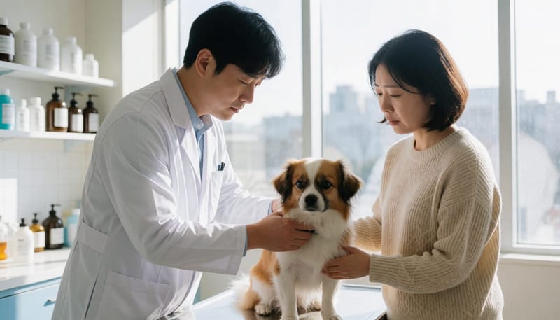 동물병원에서 반려견을 진찰하는 수의사