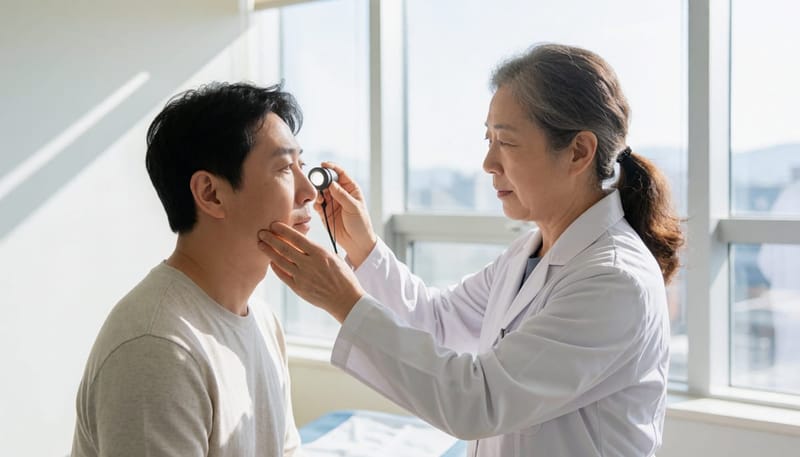 의사가 환자의 목과 목소리 증상을 진찰하는 모습