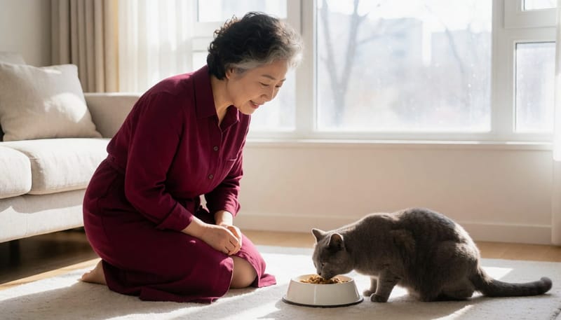 마른 노령묘가 거실에서 사료를 먹는 모습을 보호자가 지켜봄