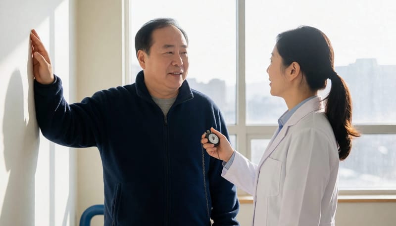 재활센터에서 한 발 서기 균형검사를 받는 남성