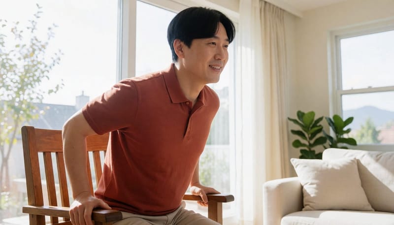 집 거실에서 의자 앉았다 일어서기를 하는 남성