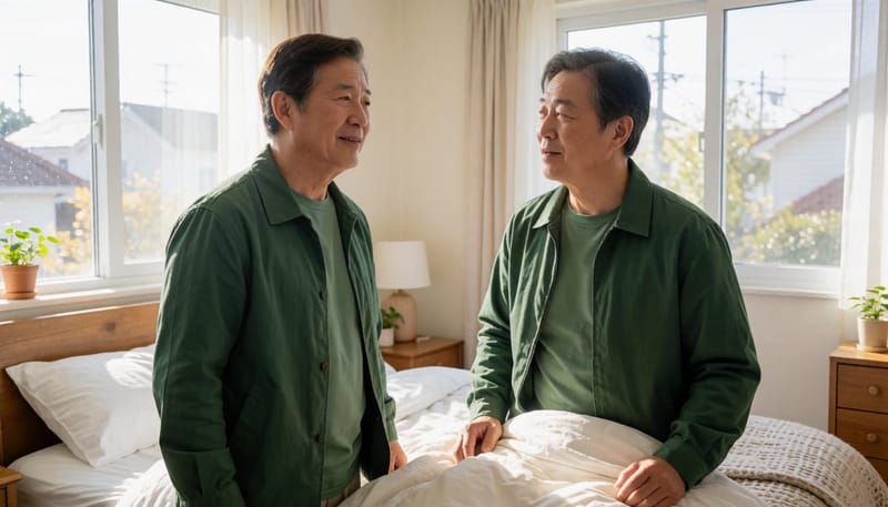 침실에서 목과 어깨를 가볍게 스트레칭하는 남성