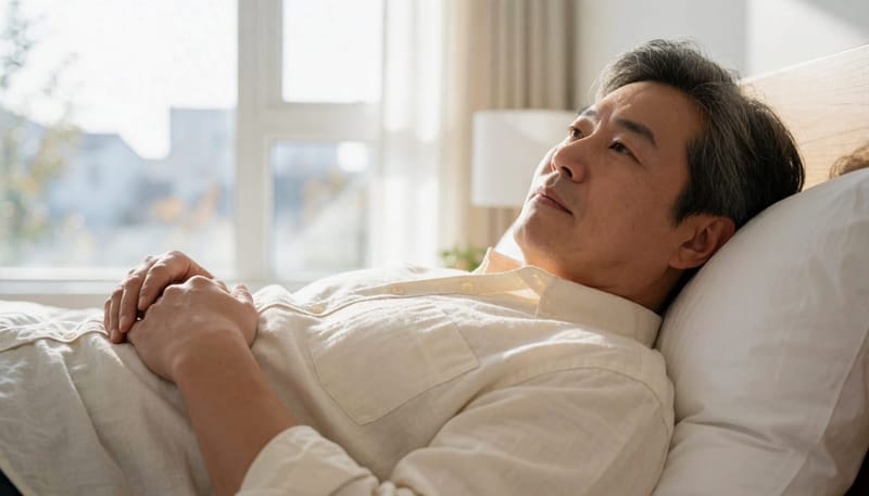 침대에 누워 윗배를 손으로 짚은 남성
