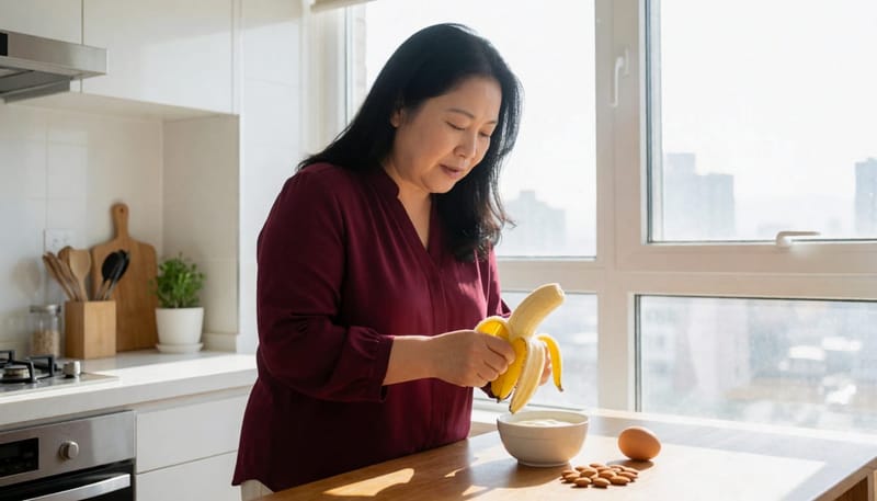바나나와 요거트, 달걀, 견과류를 함께 차린 아침 식탁