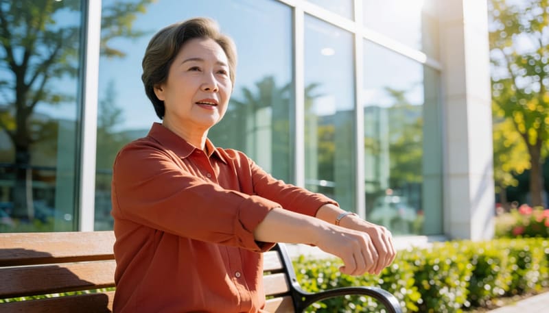 산책 중 잠시 쉬며 피로를 느끼는 여성