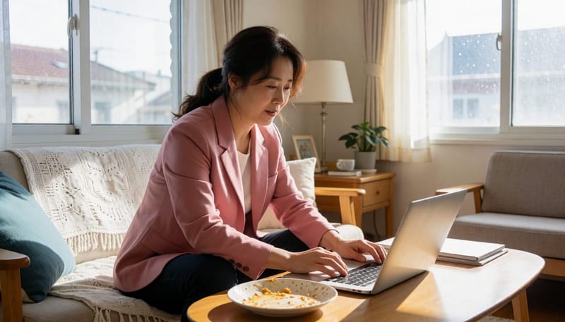 집 소파에서 노트북으로 일하는 재택근무자