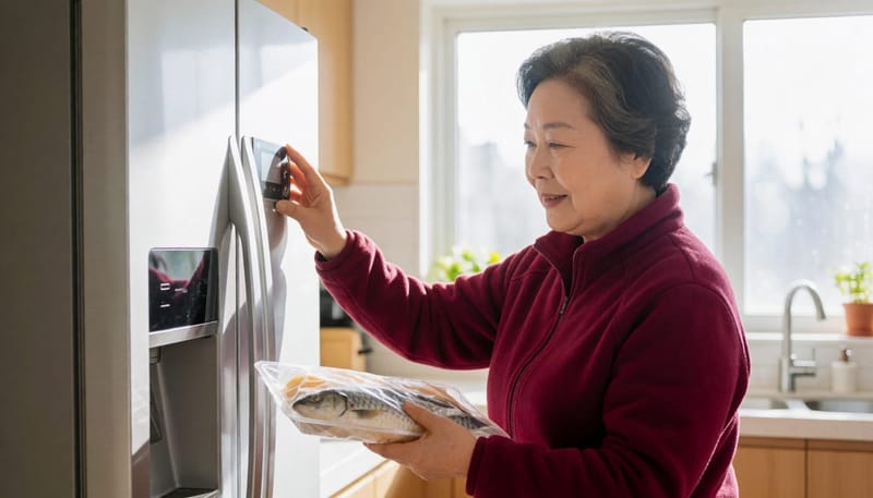 생선 포장을 냉장고에 바로 넣는 모습