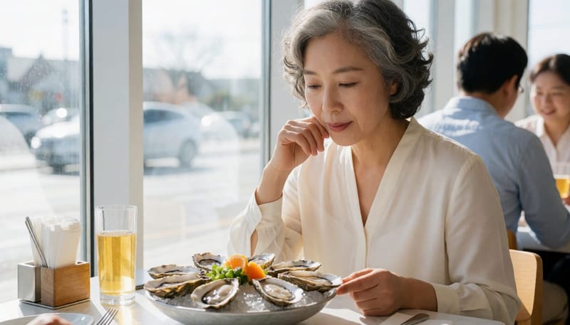 생굴 앞에서 섭취를 망설이는 여성