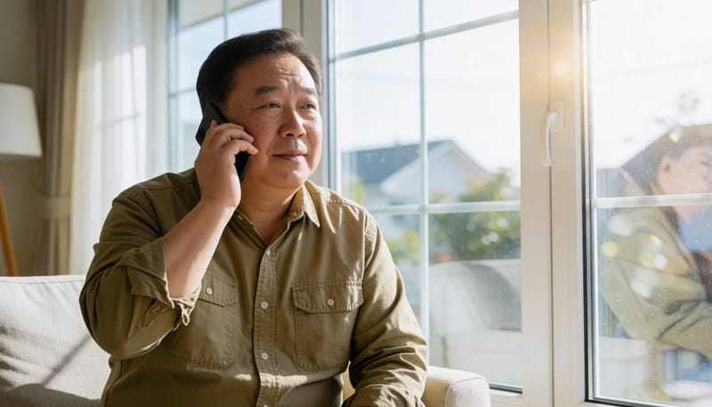 중년 남성이 혼자 통화하며 대화를 나누는 모습