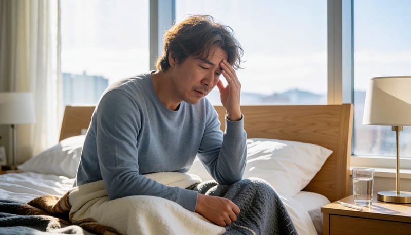 여행 후 집에서 열감을 느끼며 쉬고 있는 남성