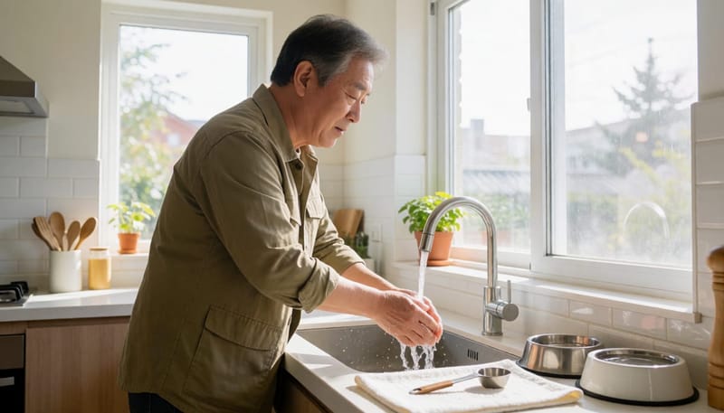 영양제 급여 후 손을 씻는 보호자