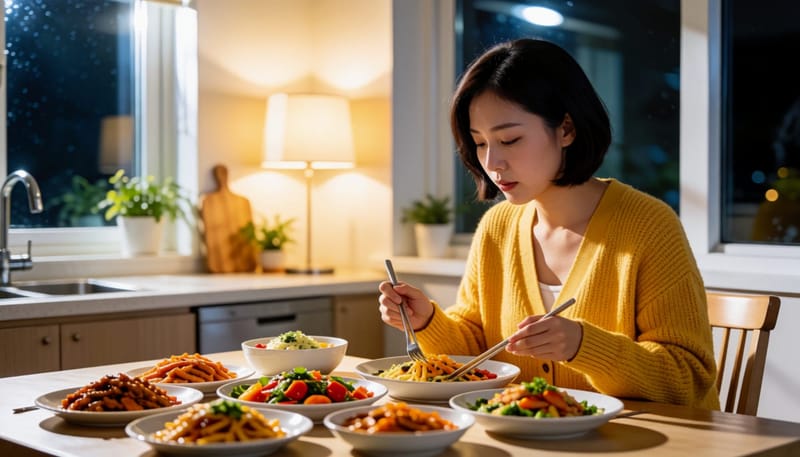 밤늦게 많은 음식을 혼자 먹는 여성의 모습