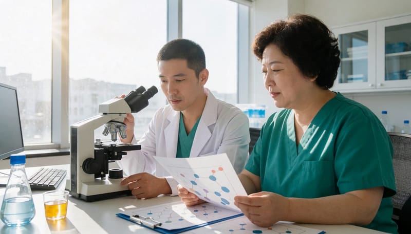 연구원들이 실험실에서 염증 관련 자료를 분석하는 모습