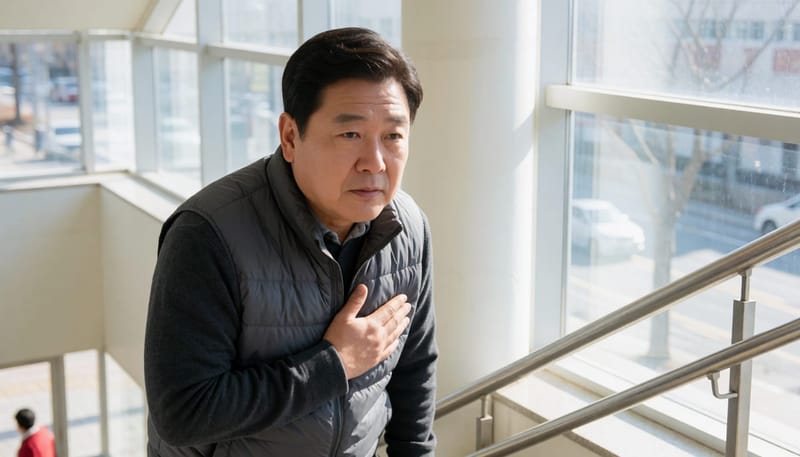 계단에서 숨이 차 잠시 멈춘 중년 남성