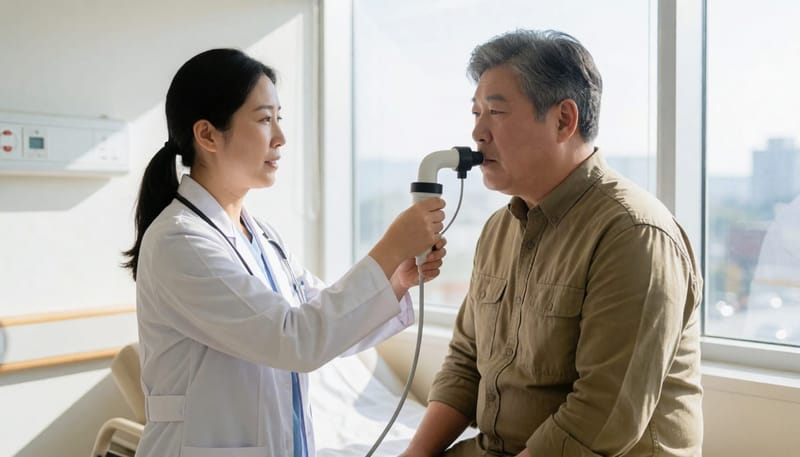 폐활량 검사기를 사용하는 환자와 의사