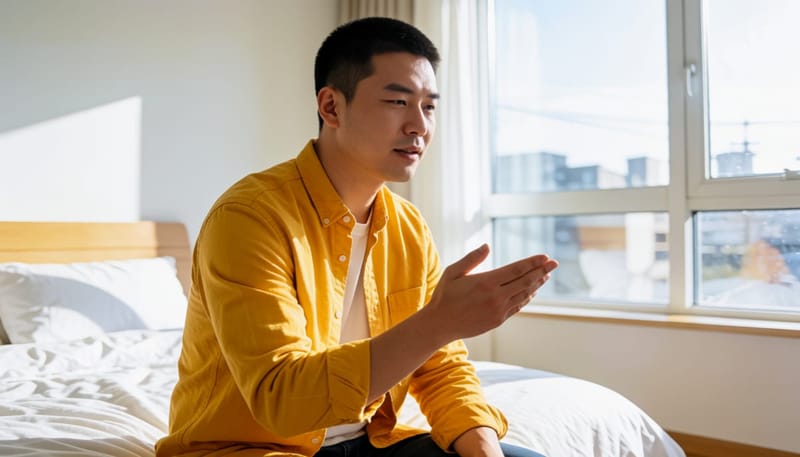 가슴과 어깨를 짚은 채 불편해하는 남성