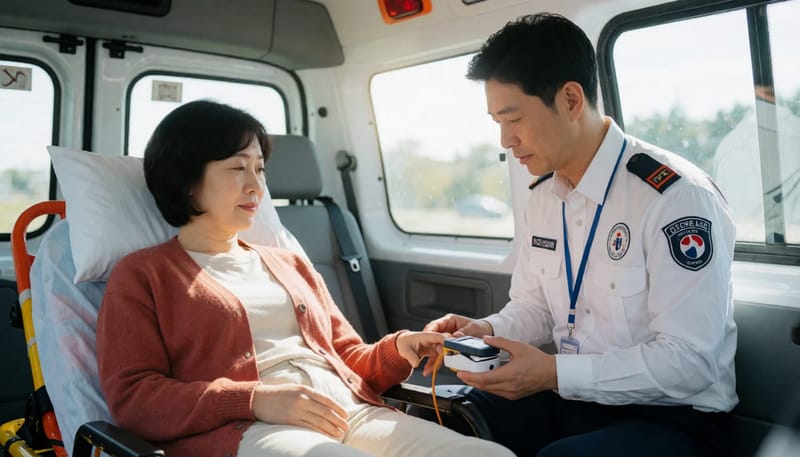 구급차 안에서 산소포화도를 측정하는 모습