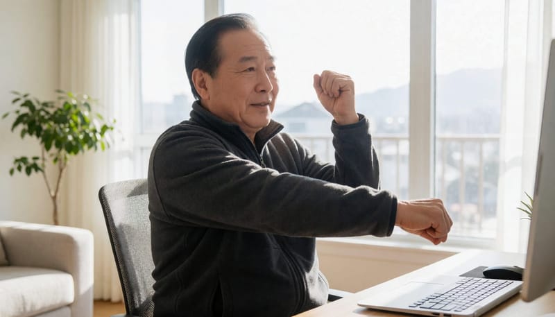 의자에서 가볍게 스트레칭하는 중년 남성