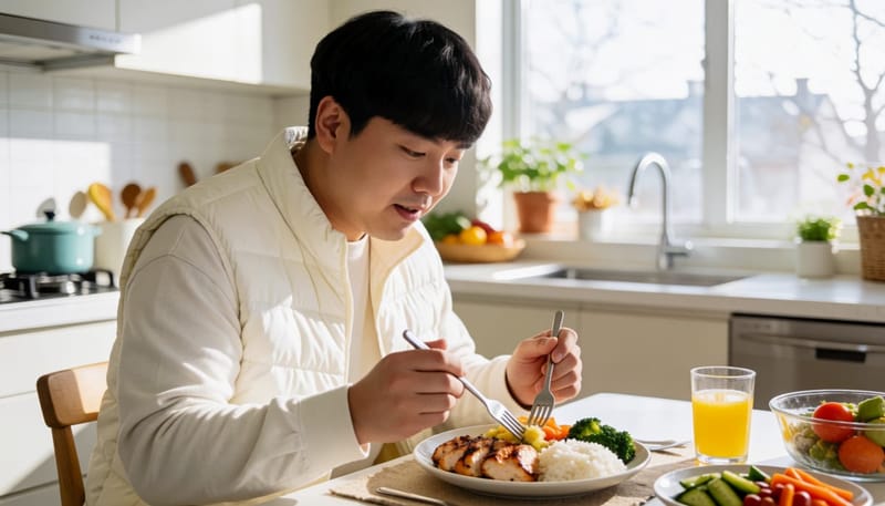 균형 잡힌 식사를 하는 젊은 남성