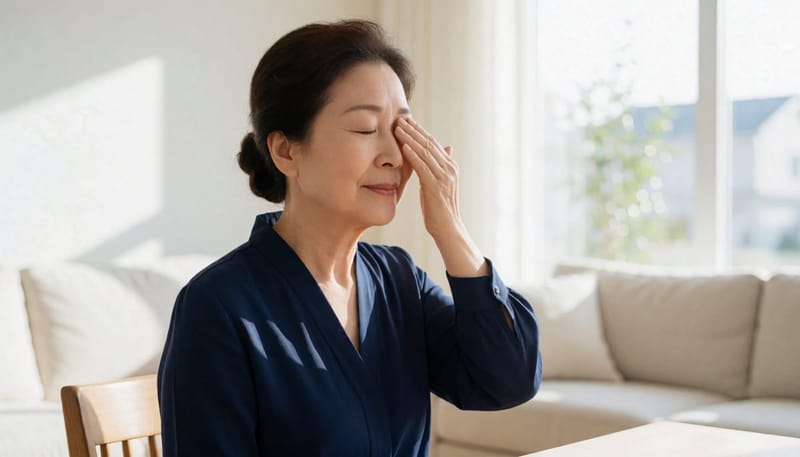 집에서 눈에 냉찜질하는 중년 여성