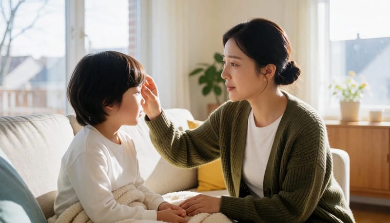 엄마가 집에서 아이의 이마를 짚어 발열을 확인하는 모습