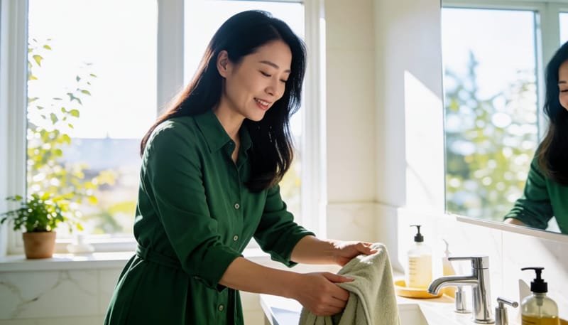 샤워 후 배꼽 주변을 부드럽게 닦는 여성