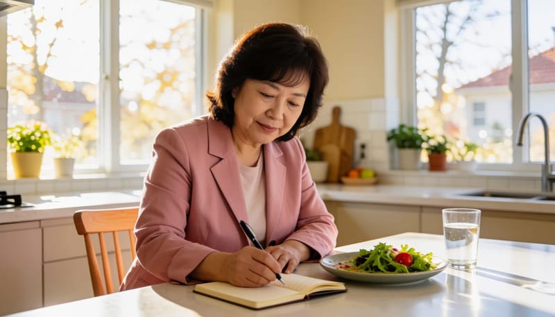 저녁 시간 식사 내용을 기록하는 중년 여성의 모습