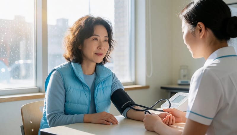 20대 여성이 보건소에서 혈압을 측정받는 모습