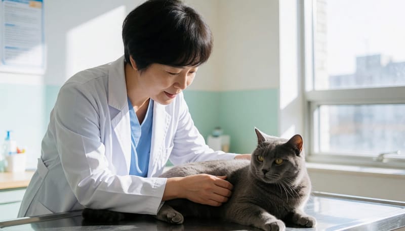 병원에서 노령묘를 진찰하는 수의사