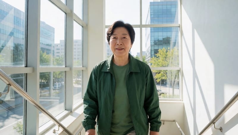 계단을 오르며 걷기 운동을 하는 노년층
