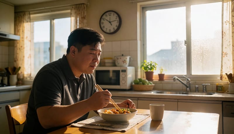 밤늦게 홀로 식사하는 남성의 모습