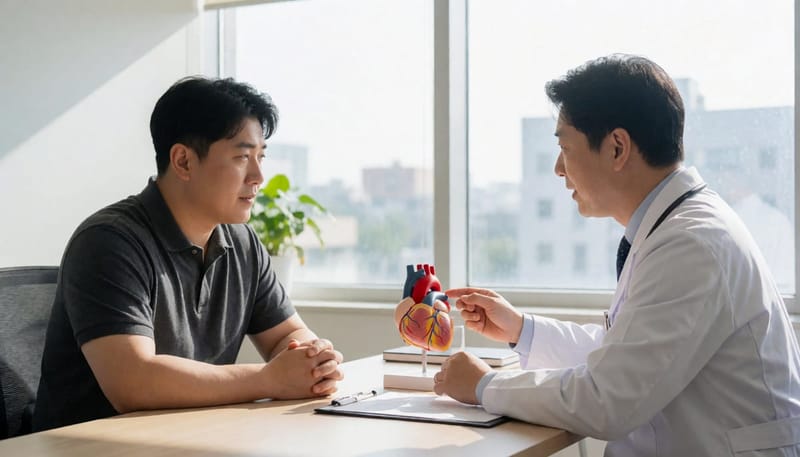 의사가 심장 모형을 보며 환자에게 설명하는 모습