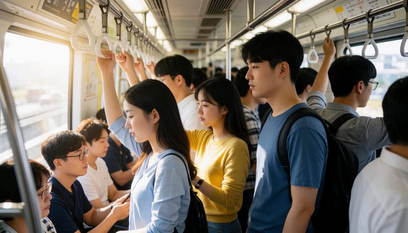 대중교통 안에서 밀집한 승객들의 모습