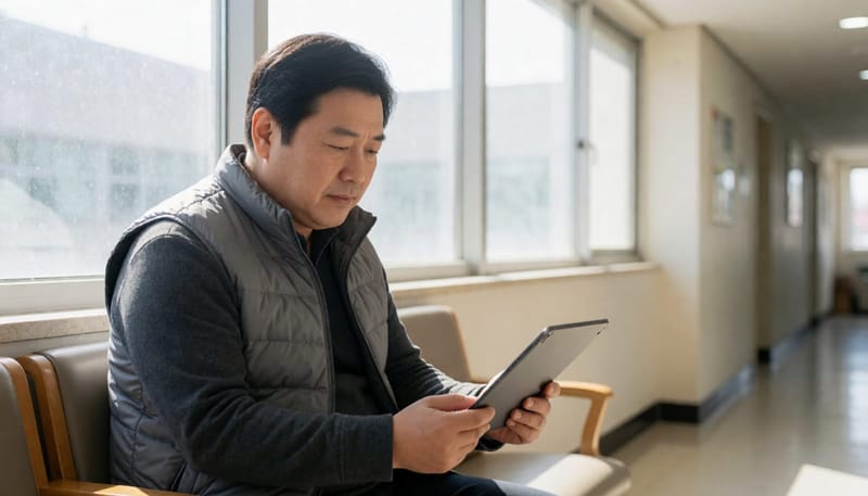중년 남성이 건강검진 결과를 확인하는 모습