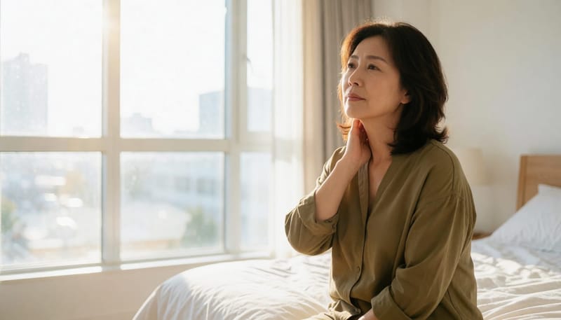 침실에서 목을 짚고 있는 중년 여성