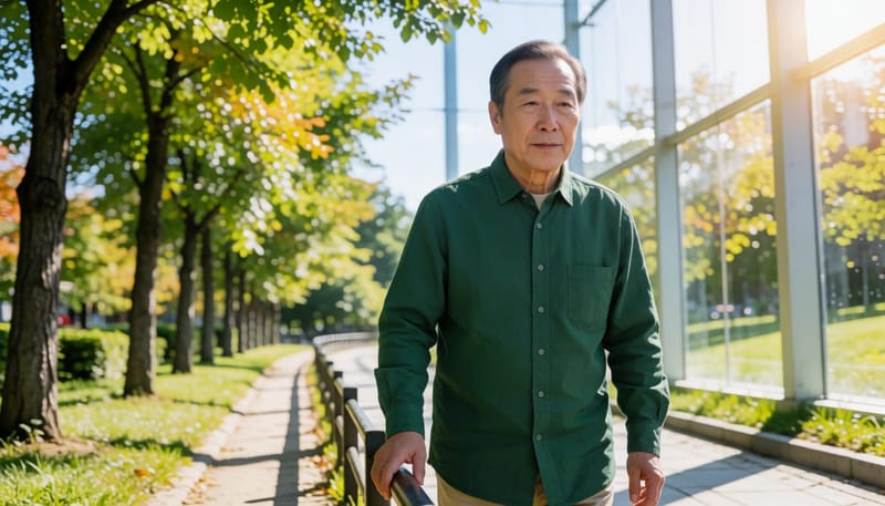 공원 산책로를 천천히 걷는 60대 남성