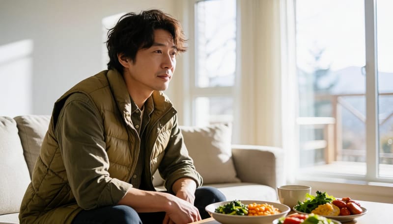 피곤하고 식욕 없어 보이는 남성이 소파에 앉아 있는 모습