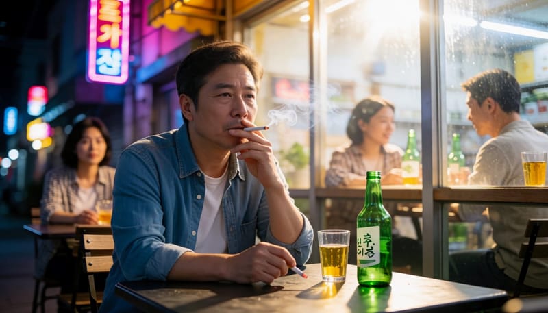 흡연과 음주를 하는 중년 남성의 밤거리 모습