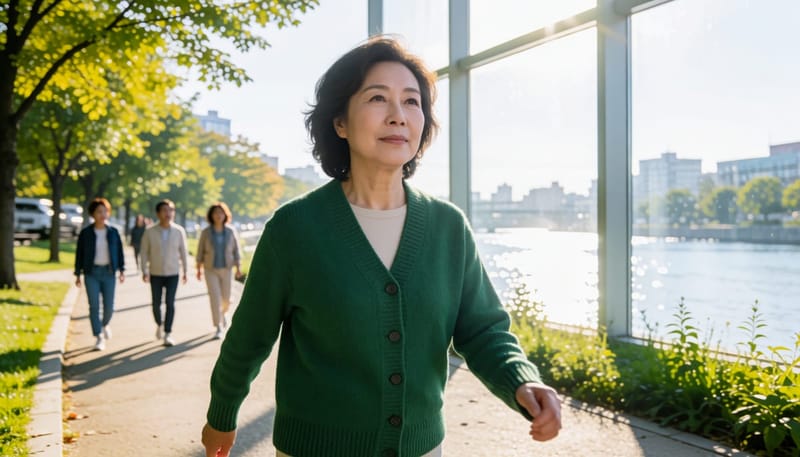 리버사이드 공원에서 빠르게 걷는 60대 여성