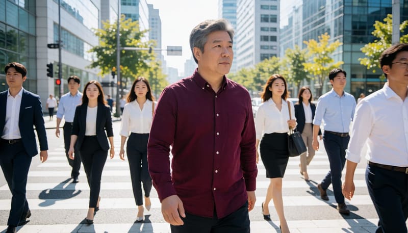 점심시간 도심 횡단보도를 빠르게 걷는 30대 남성