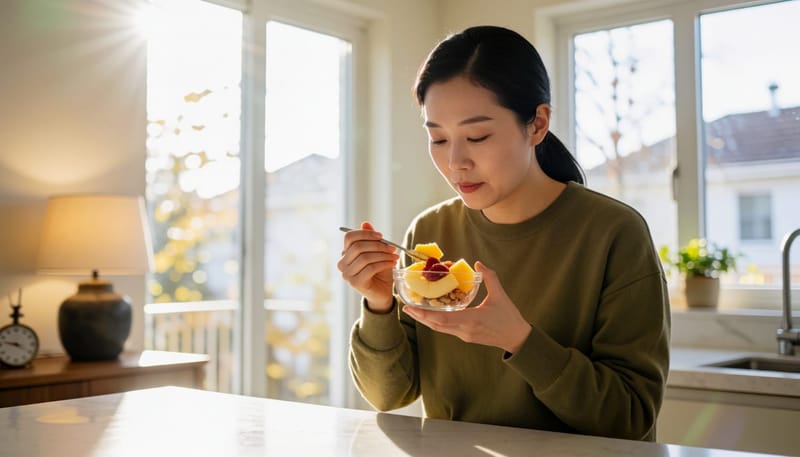 저녁 시간 과일과 견과류를 먹는 여성