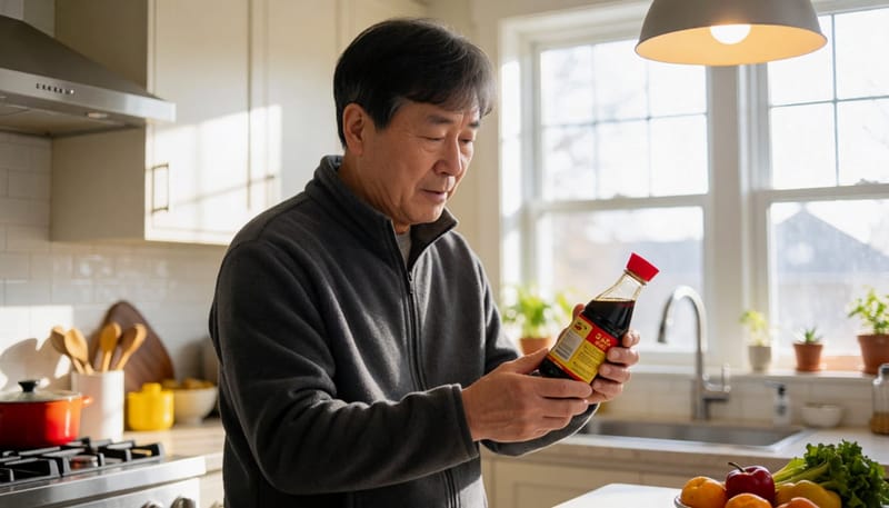 남성이 집 주방에서 간장병 라벨을 확인하는 모습