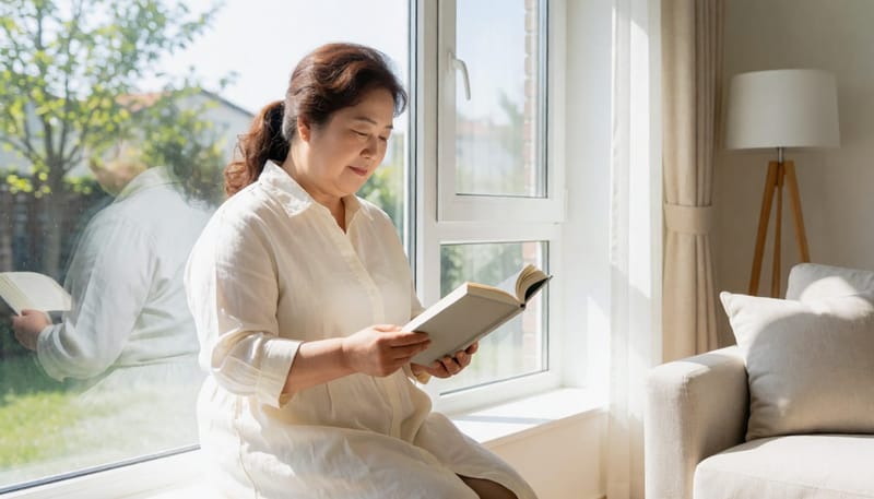 특별한 증상 없이 평온하게 생활하는 중년 여성