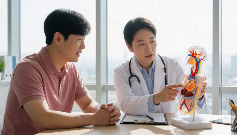 의사가 심장과 신장 모형으로 위험성을 설명하는 모습
