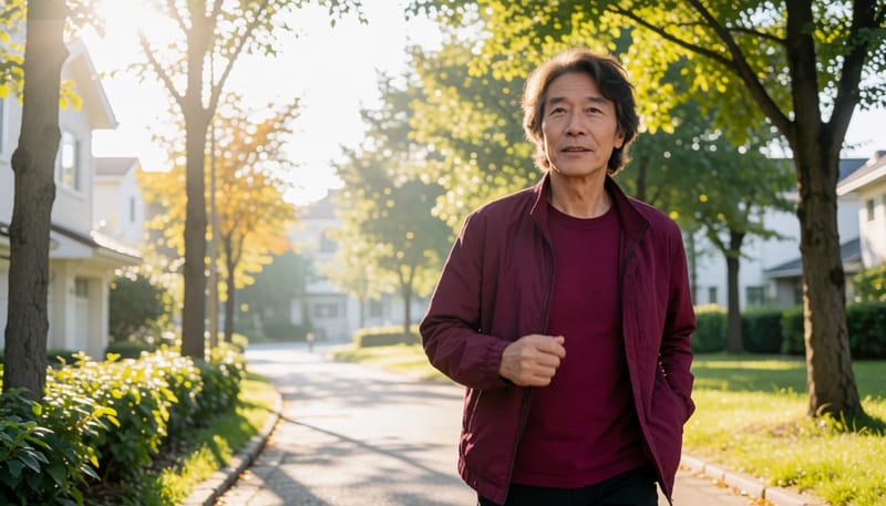 공원 길을 걷는 고령 남성의 뒷모습 중심 사진