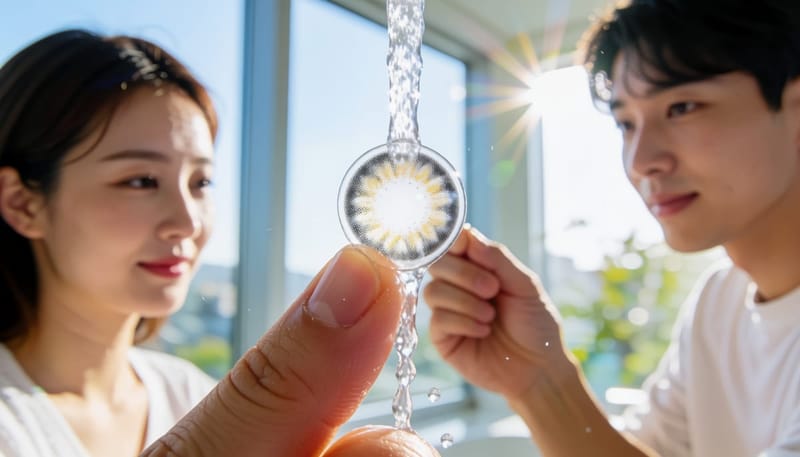 수돗물에 닿아 모양이 변한 소프트렌즈 클로즈업