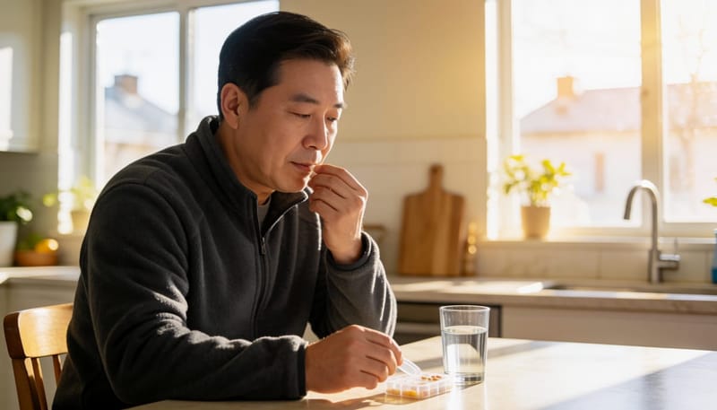 집에서 물과 함께 약을 복용하는 남성
