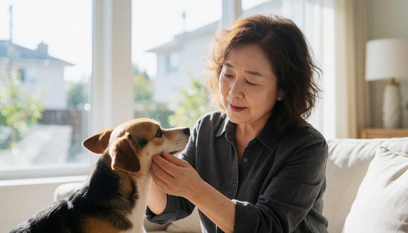 보호자가 강아지 귀 상태를 살펴보는 모습