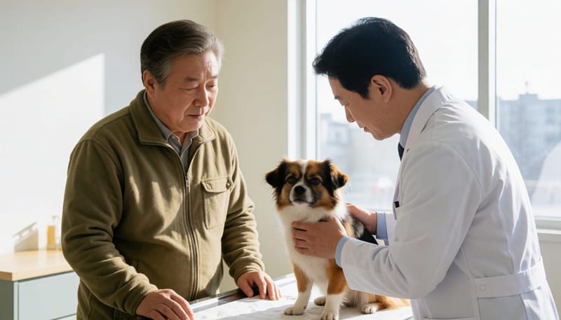 수의사와 보호자가 함께 강아지를 진료하는 모습