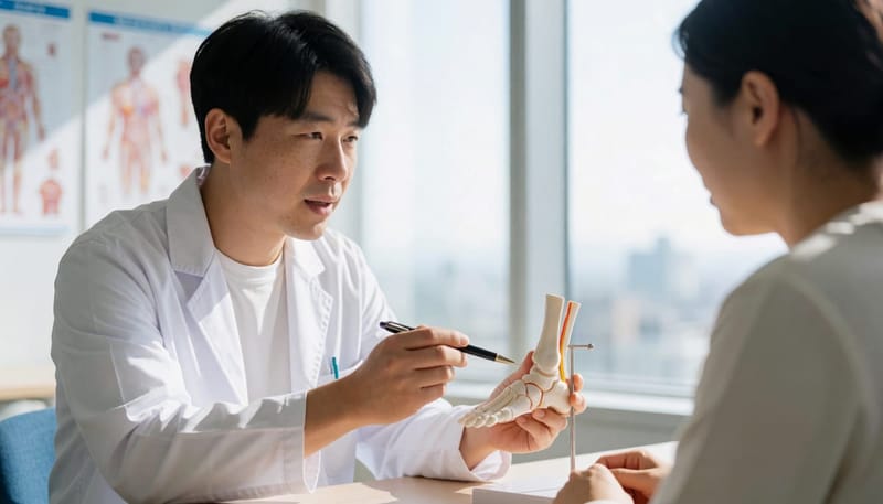 의사가 관절 모형으로 요산 축적 과정을 설명하는 모습